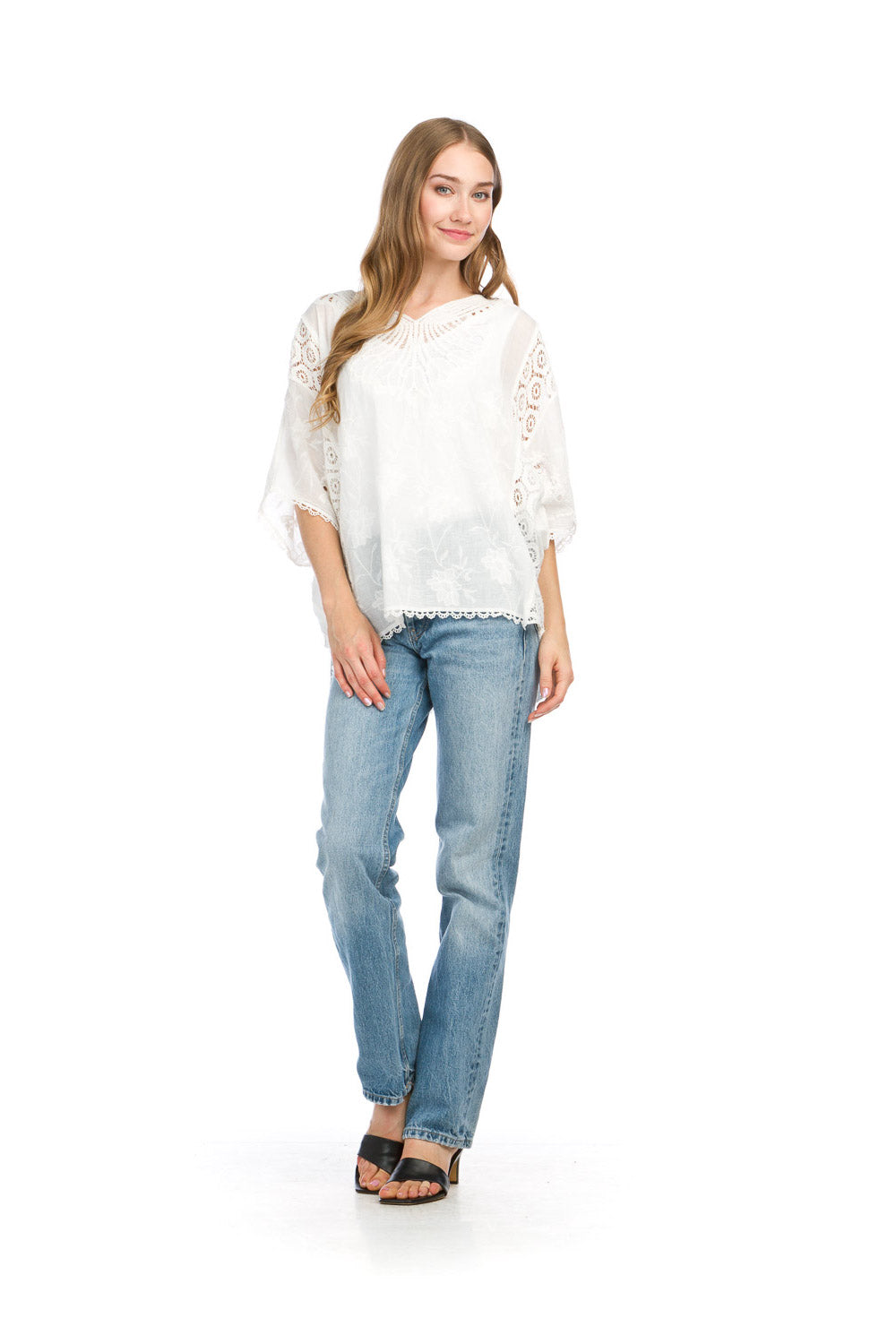 PT16114 WHITE Embroidered Batwing Sleeve Blouse w Crochet Dtls