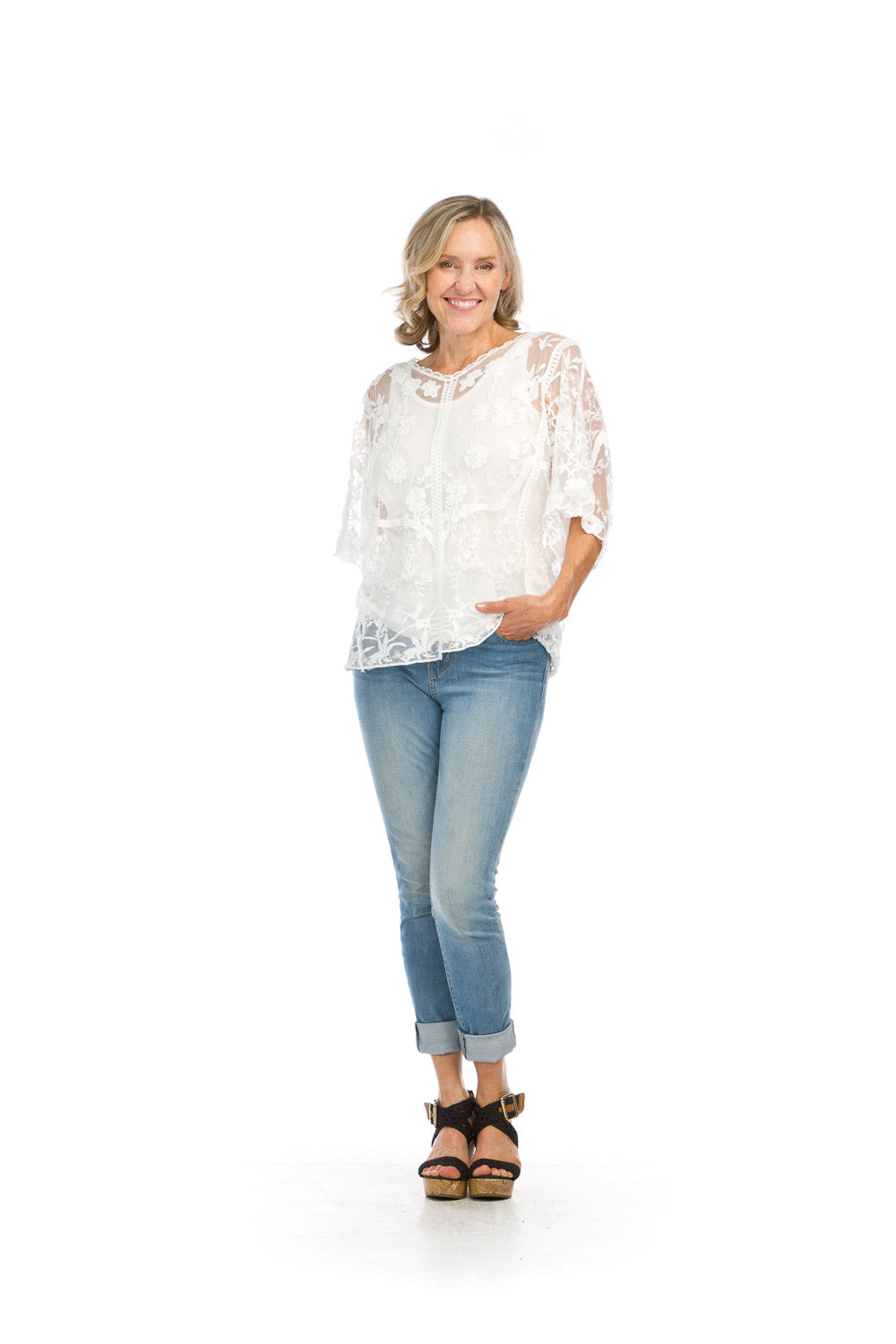 PT16115 BLUSH Embroidered Mesh Blouse with Stretch Lining