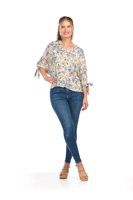 PT16122 BLUE Floral Print Oversized H/L Blouse w Tie Sleeves