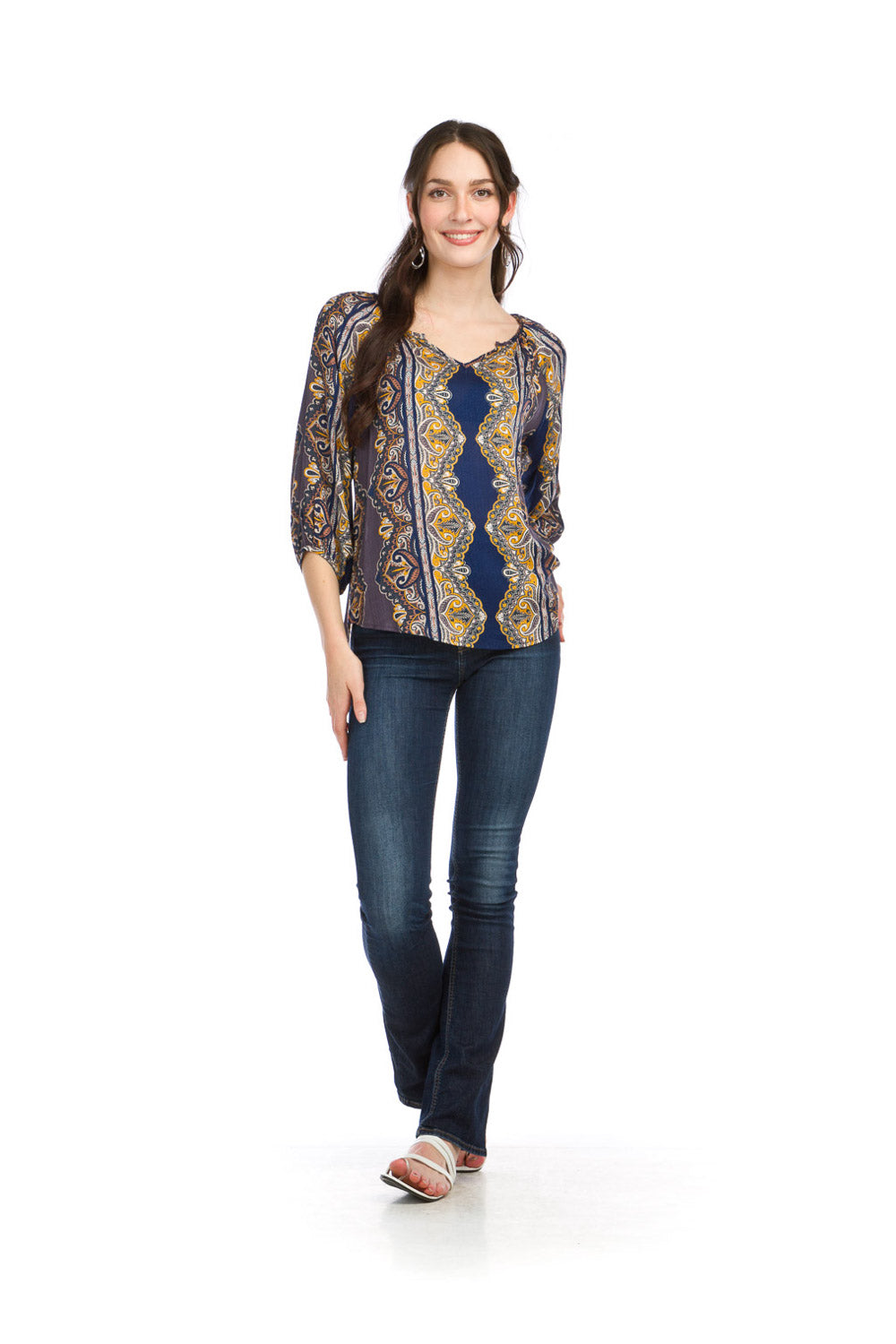 PT16125 NAVY Paisley Boho Print 3/4 Sleeve Blouse