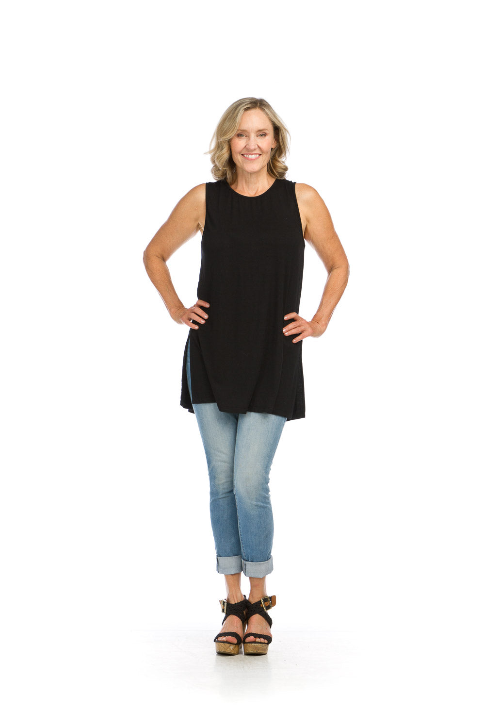 PT16128 BLACK Bamboo Knit Classic Flowy Tank Top with Side Slit