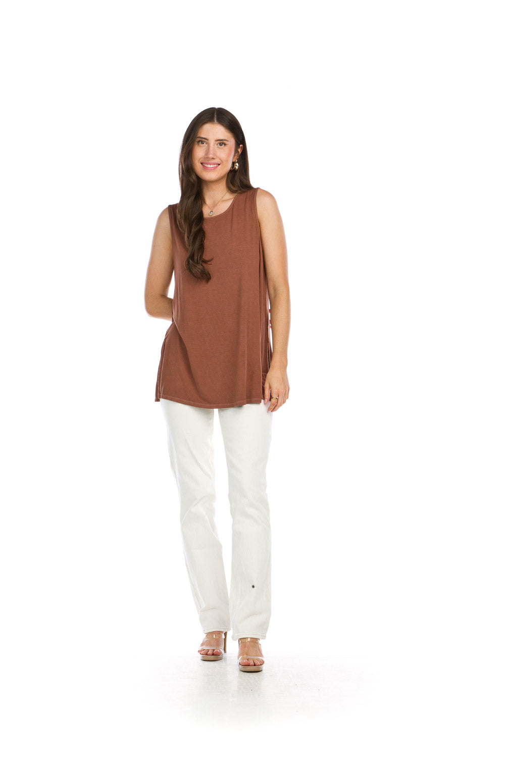 PT16128 MOCHA Bamboo Knit Classic Flowy Tank Top with Side Slit