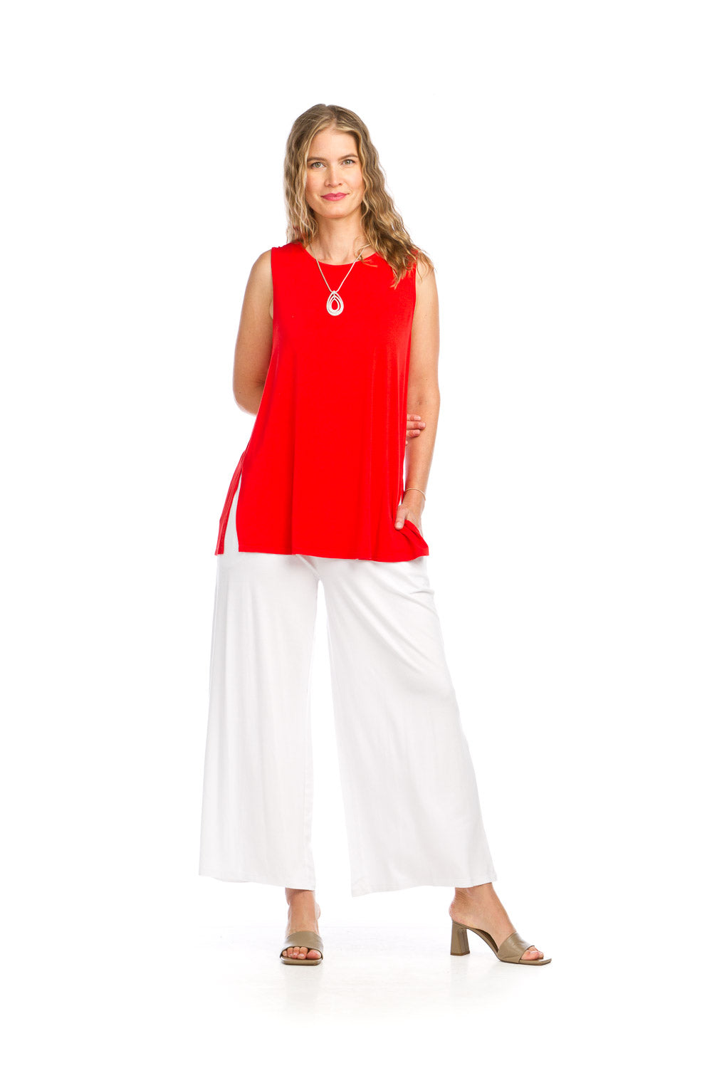 PT16128 RED Bamboo Knit Classic Flowy Tank Top with Side Slit