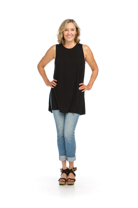 PT16128 BLACK Bamboo Knit Classic Flowy Tank Top with Side Slit