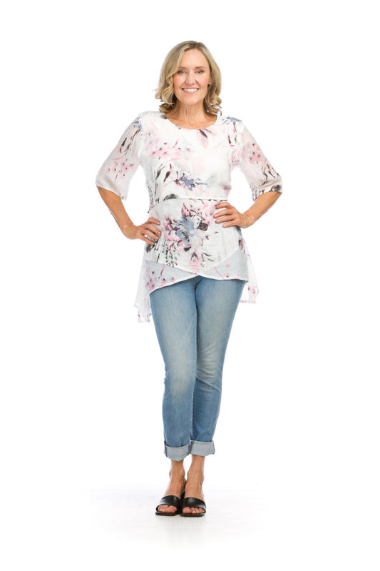 PT16133 PINK Watercolor Floral Layered Short Sleeve Blouse