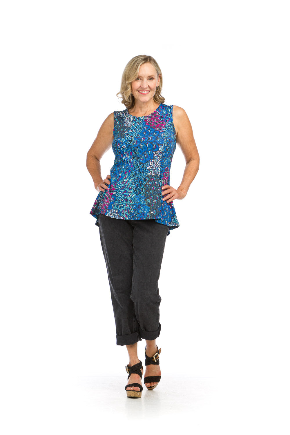 PT16134 BLUE Peacock Printed Stretch Peplum Style Top