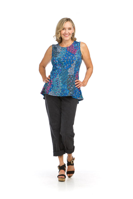 PT16134 BLUE Peacock Printed Stretch Peplum Style Top