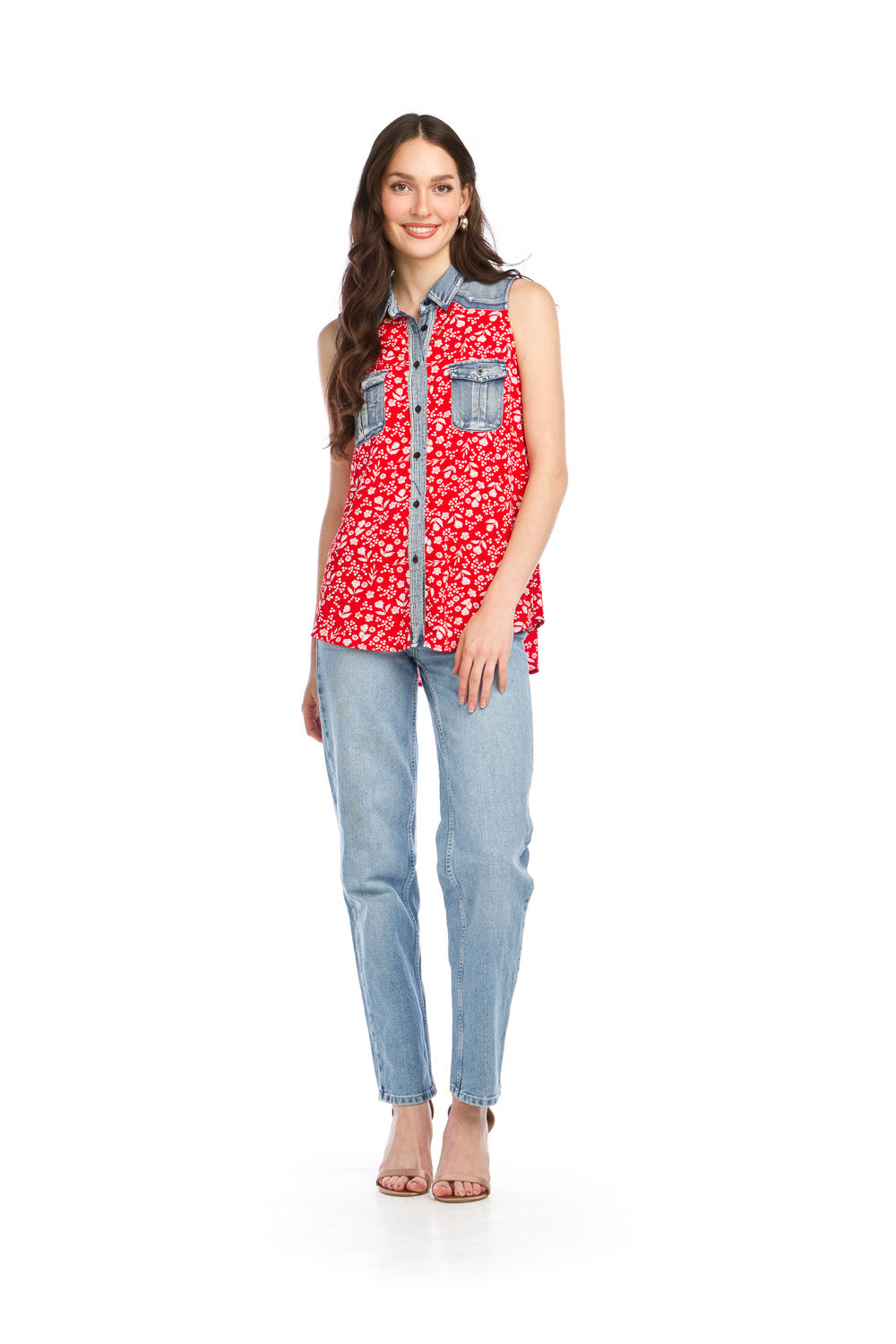 PT16141 RED Floral Denim Trim Top with Pockets