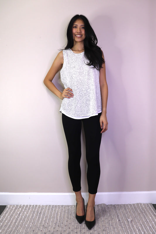 PT17001 WHITE Sequin Layered Top with Split Back