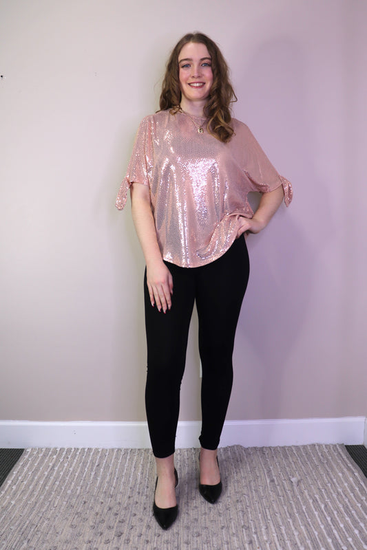 PT17002 PEACH Sequin Split Sleeve Top  with Tie