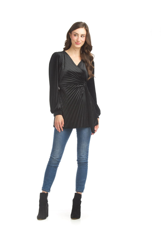 PT17005 BLACK Velvet  Wrap Tunic with Pleats & Buckle Details