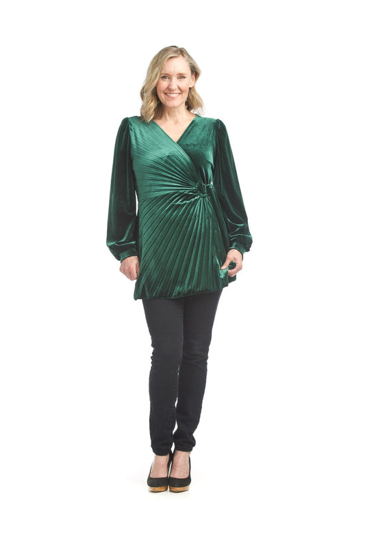 PT17005 TEAL Velvet  Wrap Tunic with Pleats & Buckle Details