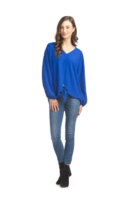 PT17025 BLUE V Neck Tie Top with Elastic Cuffs