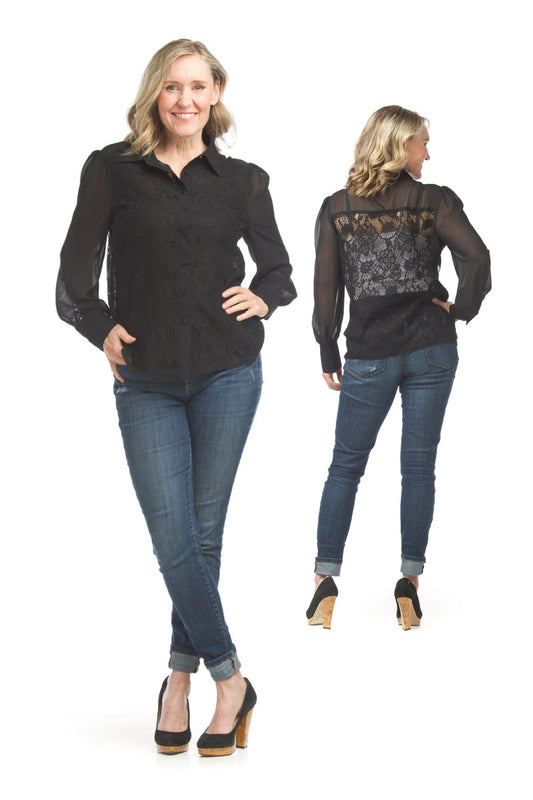 PT17027 BLACK Collared Lace Button Up Blouse