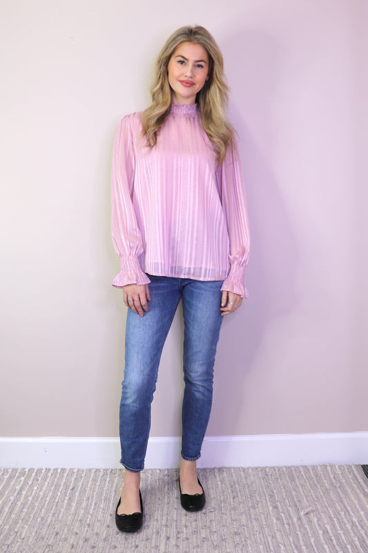 PT17028 PINK Self Striped Mock Neck Lurex Top w Elastic Cuffs