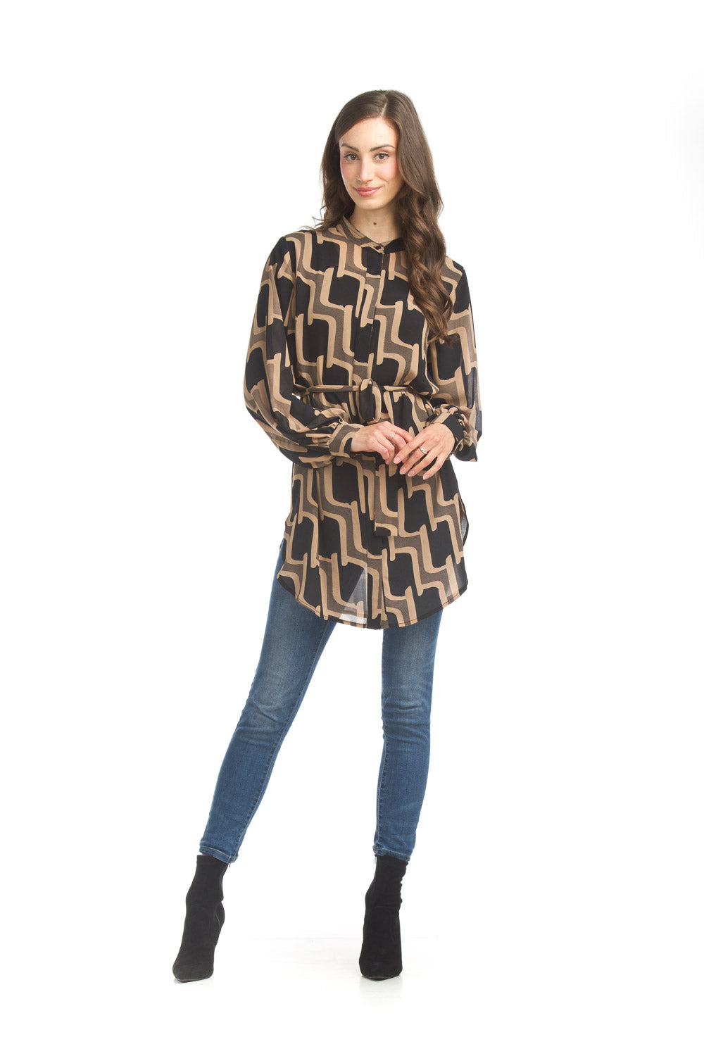 PT17029 BEIGE Geo Print Button Front Tunic with Tie Belt