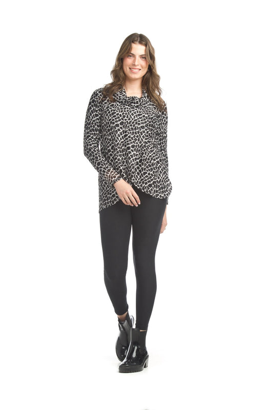 PT17033 BLACK Stretch Crossover Top with Cowl Neck