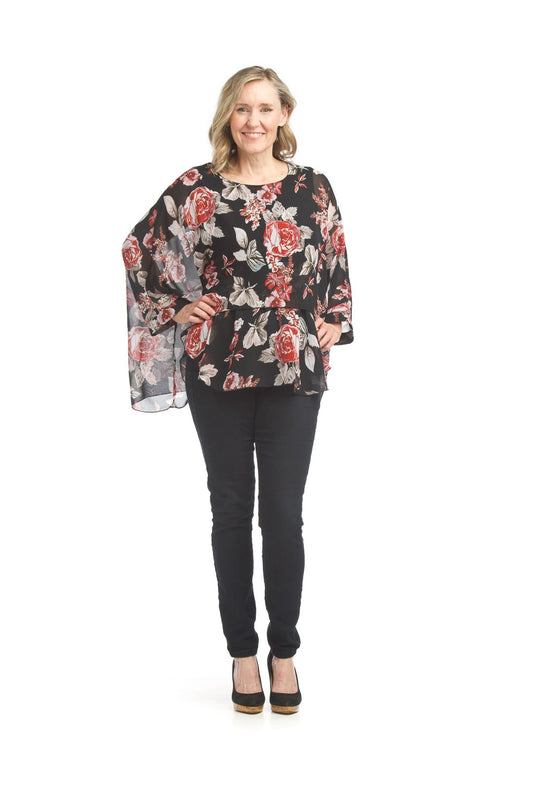 PT17034 BLACK Floral Overlay Blouse