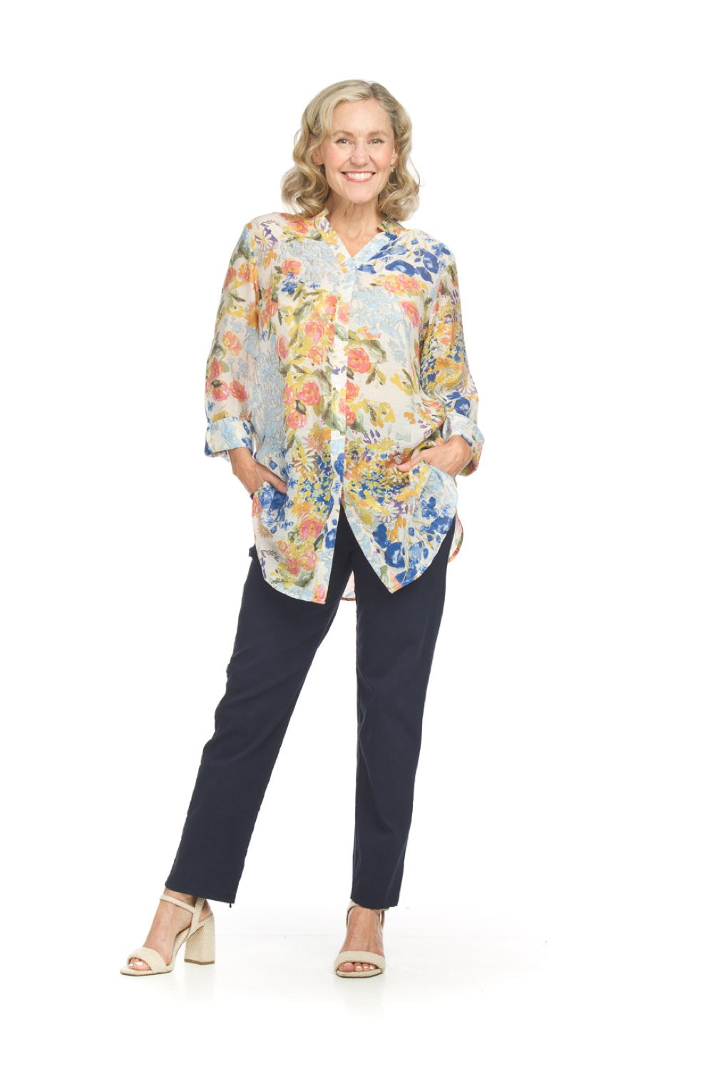 PT18003 BLUE Floral button front tunic with tab sleeves