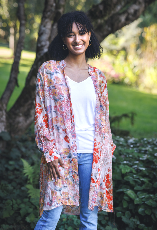 PT18003 PINK Floral button front tunic with tab sleeves