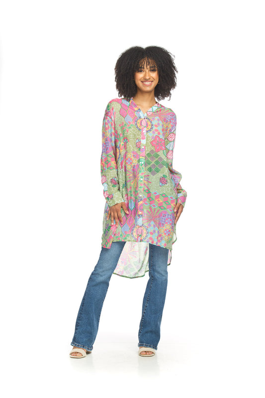 PT18011 GREEN Abstract Button Front Tunic with Tab Sleeves