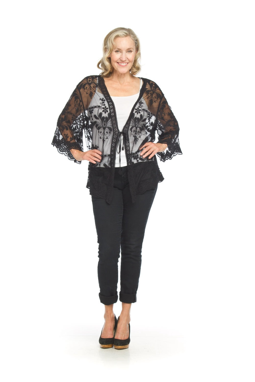 PT18025 BLACK Floral embroidered cover up with tie, shorter one