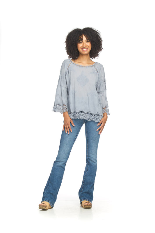 PT18036 PERIW Embroidered bell sleeve blouse with cold shoulder