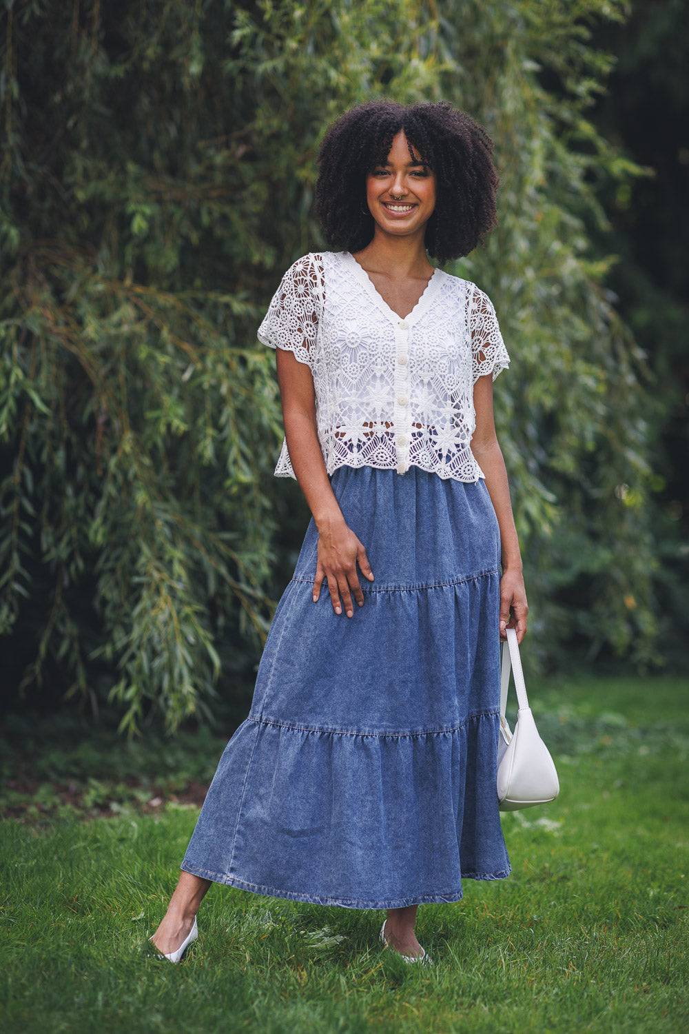 PT18039 WHITE Button front short sleeve crochet top