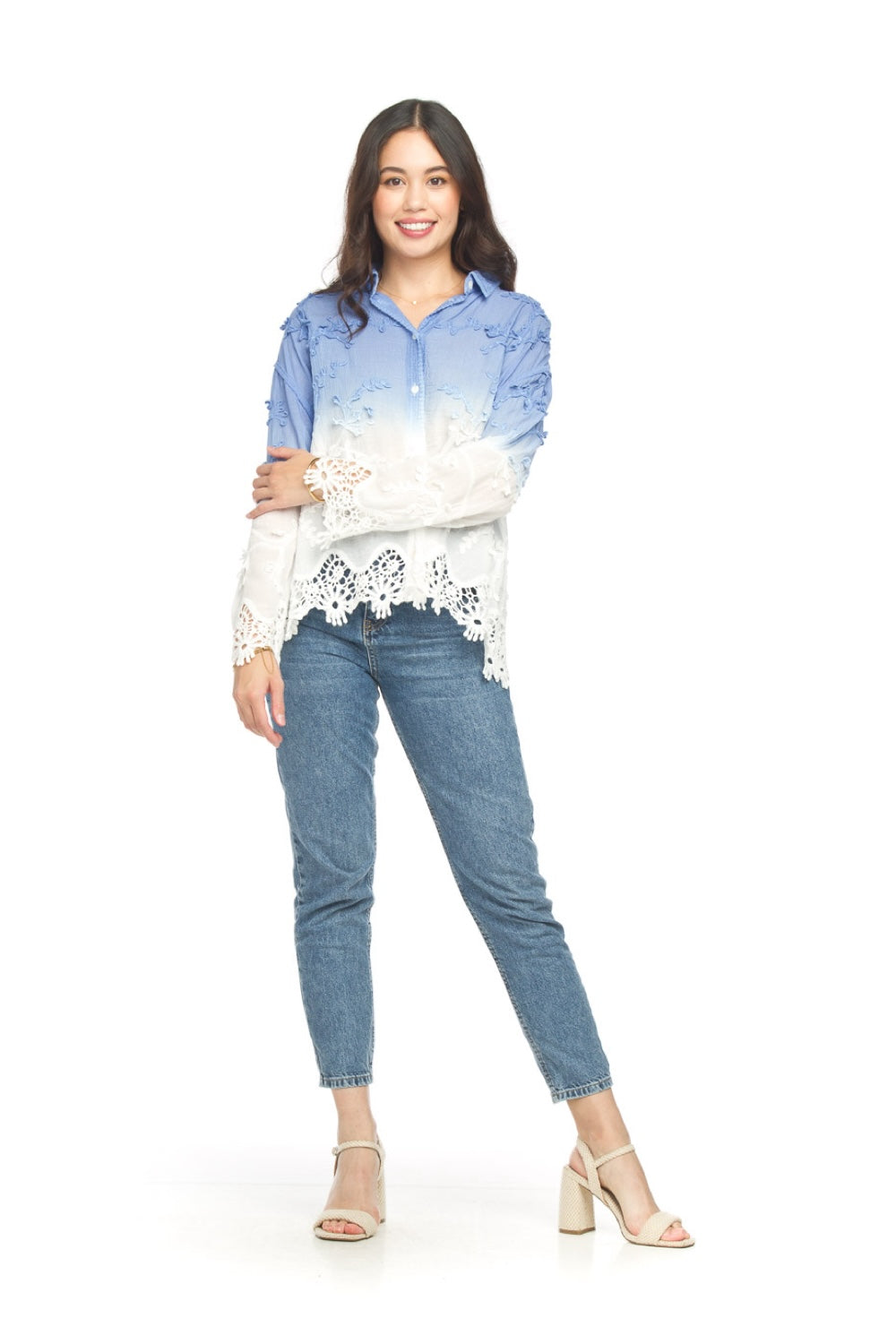 PT18066 BLUE Ombre Embroidered Collared Button Front Shirt