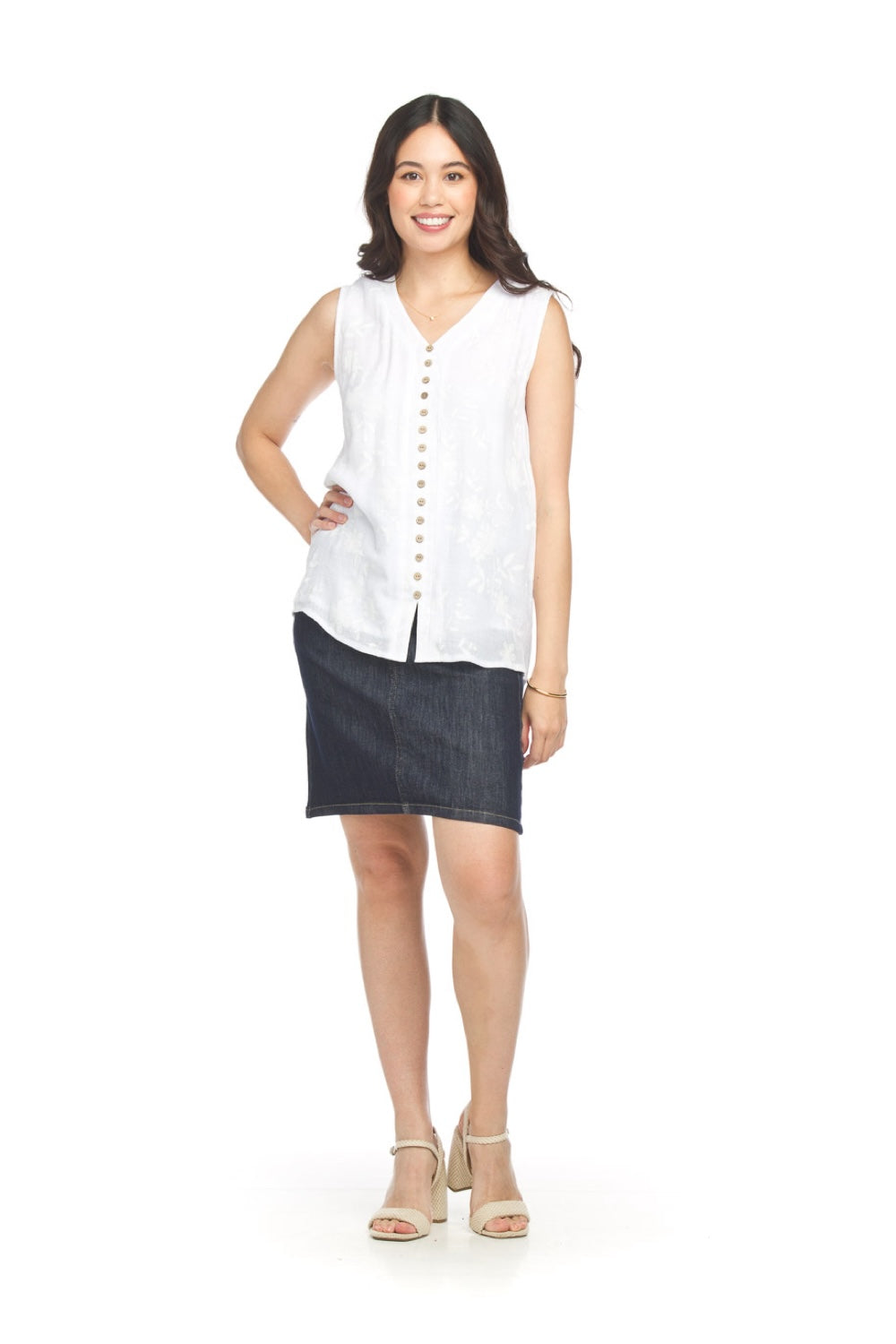 PT18074 WHITE Embossed Crinkle Sleeveless Blouse w Button Detail