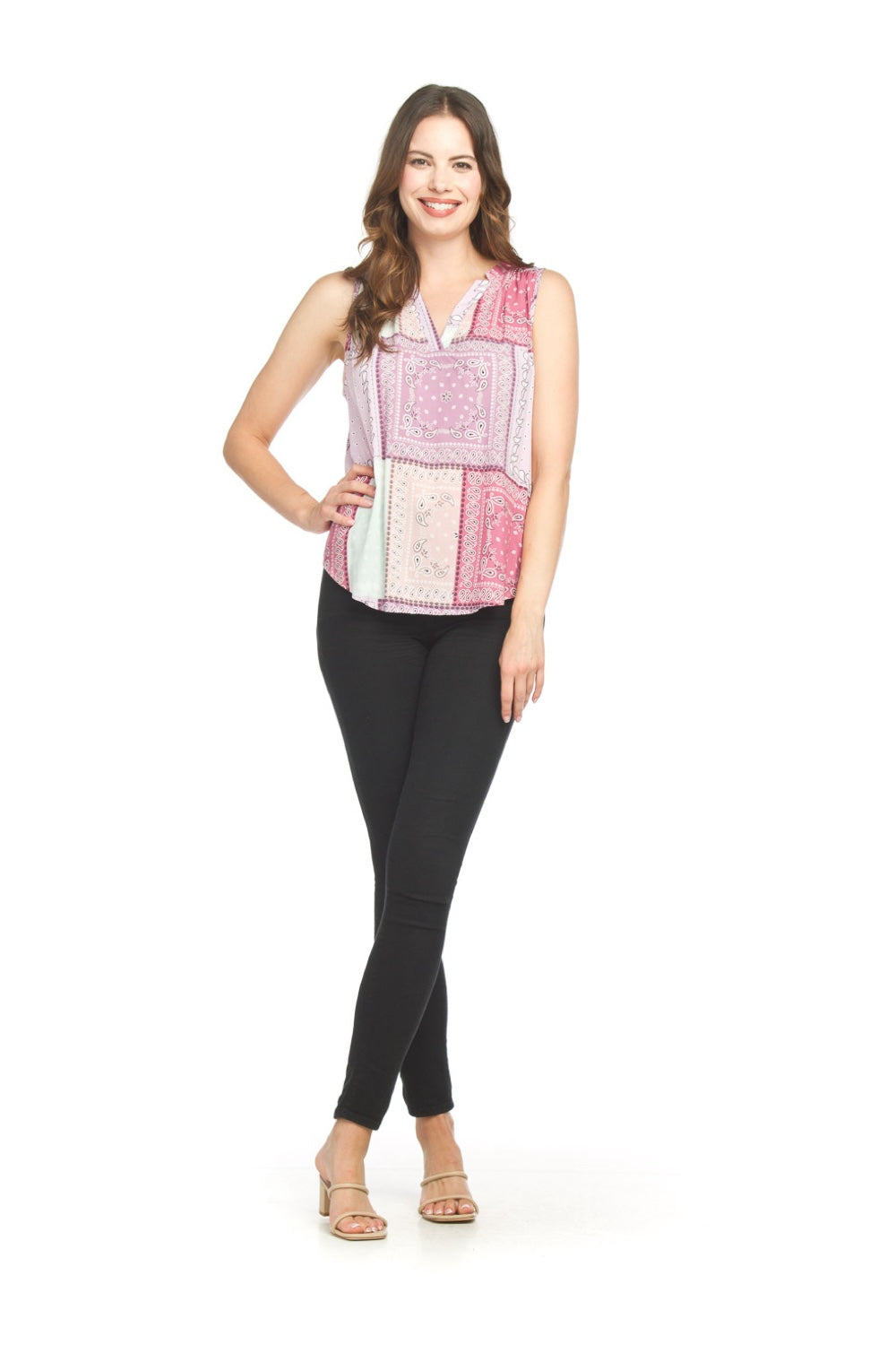 PT18098 PINK Sleeveless Bandana Print V Neck Tank Top