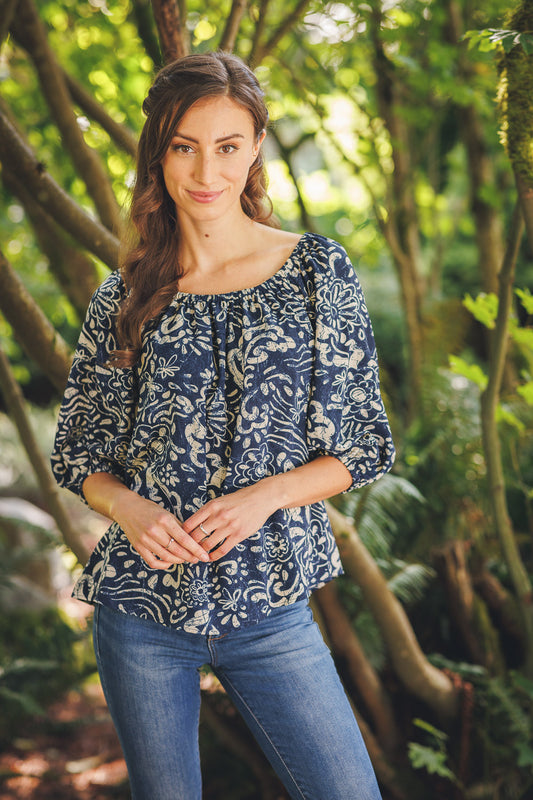 PT18101 NAVY Floral OTS Blouse with Elastic cuffs