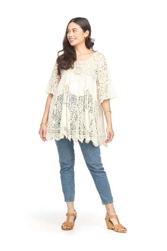 PT18104 CREAM S/S Crochet Aline Tunic with Embr Rose Details