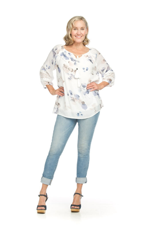 PT18110 BLUE Floral OTS Blouse with Lace Inset Detail