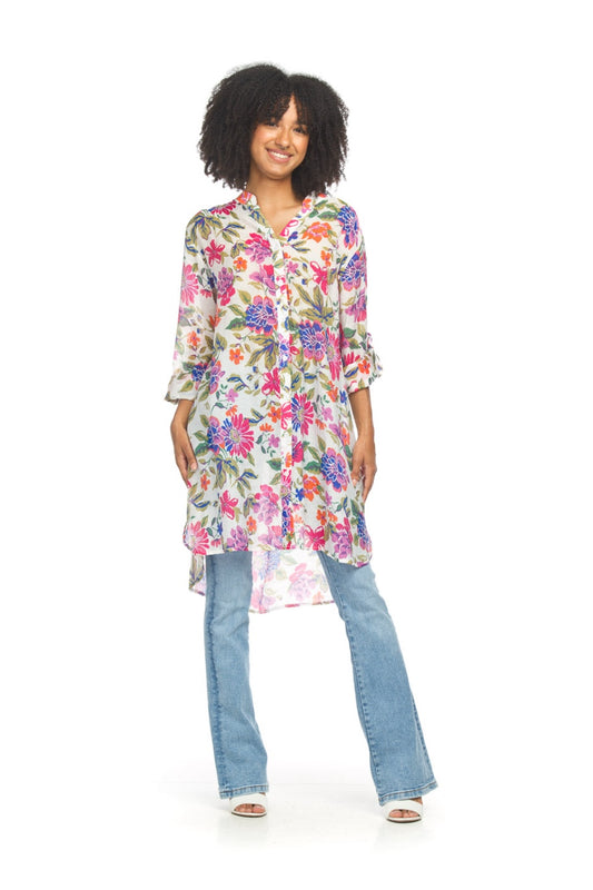 PT18111 PINK Floral Button Front tunic with Tab Sleeves