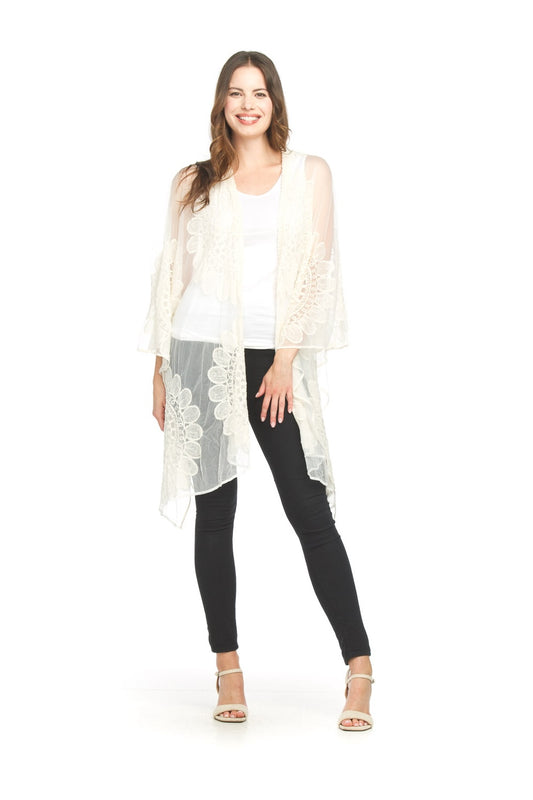 PT18120 CREAM Sunflower Embroidered Mesh Shawl Cover Up