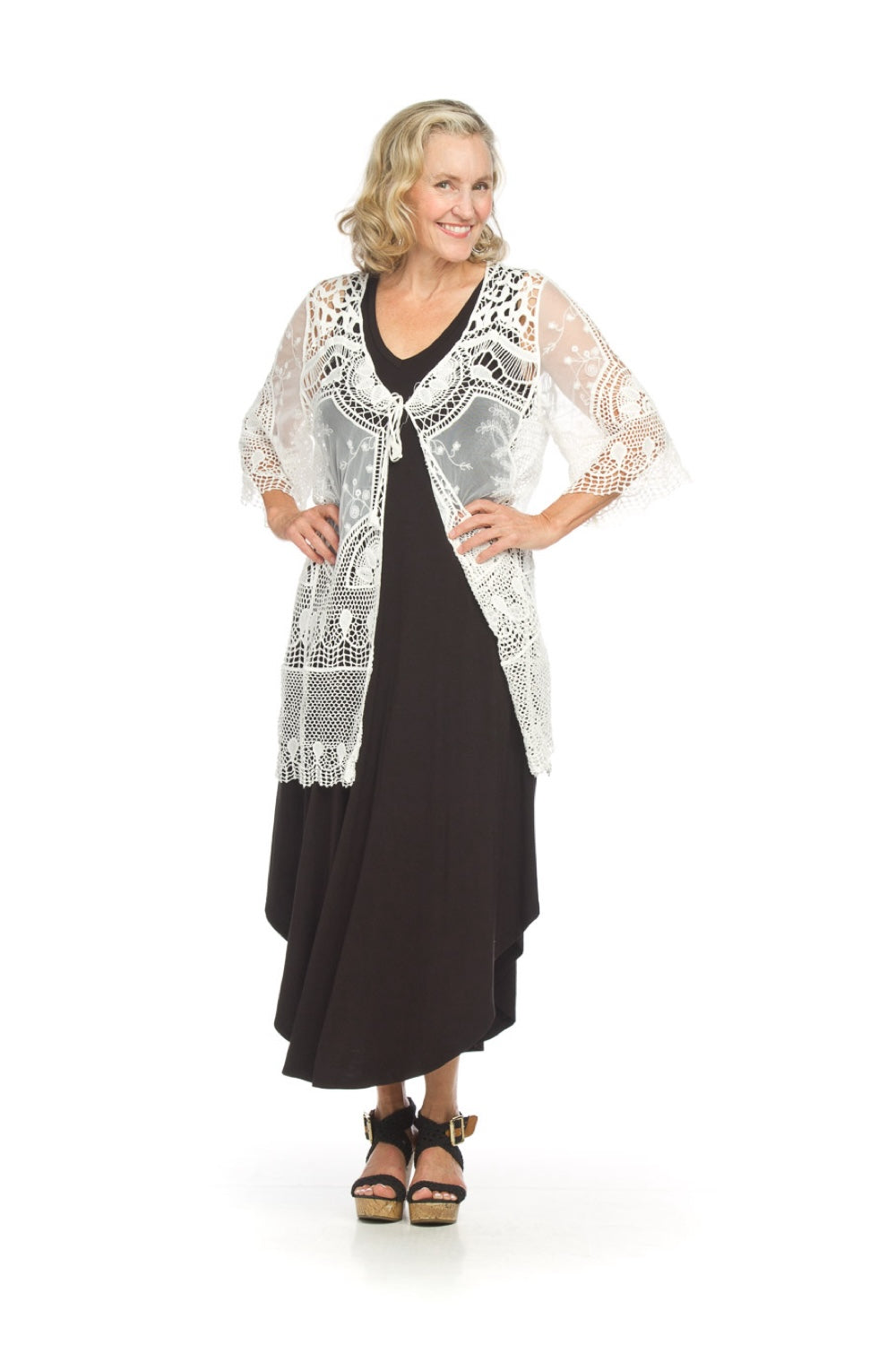 PT18121 WHITE Embroidered Mesh Cover Up with Tie