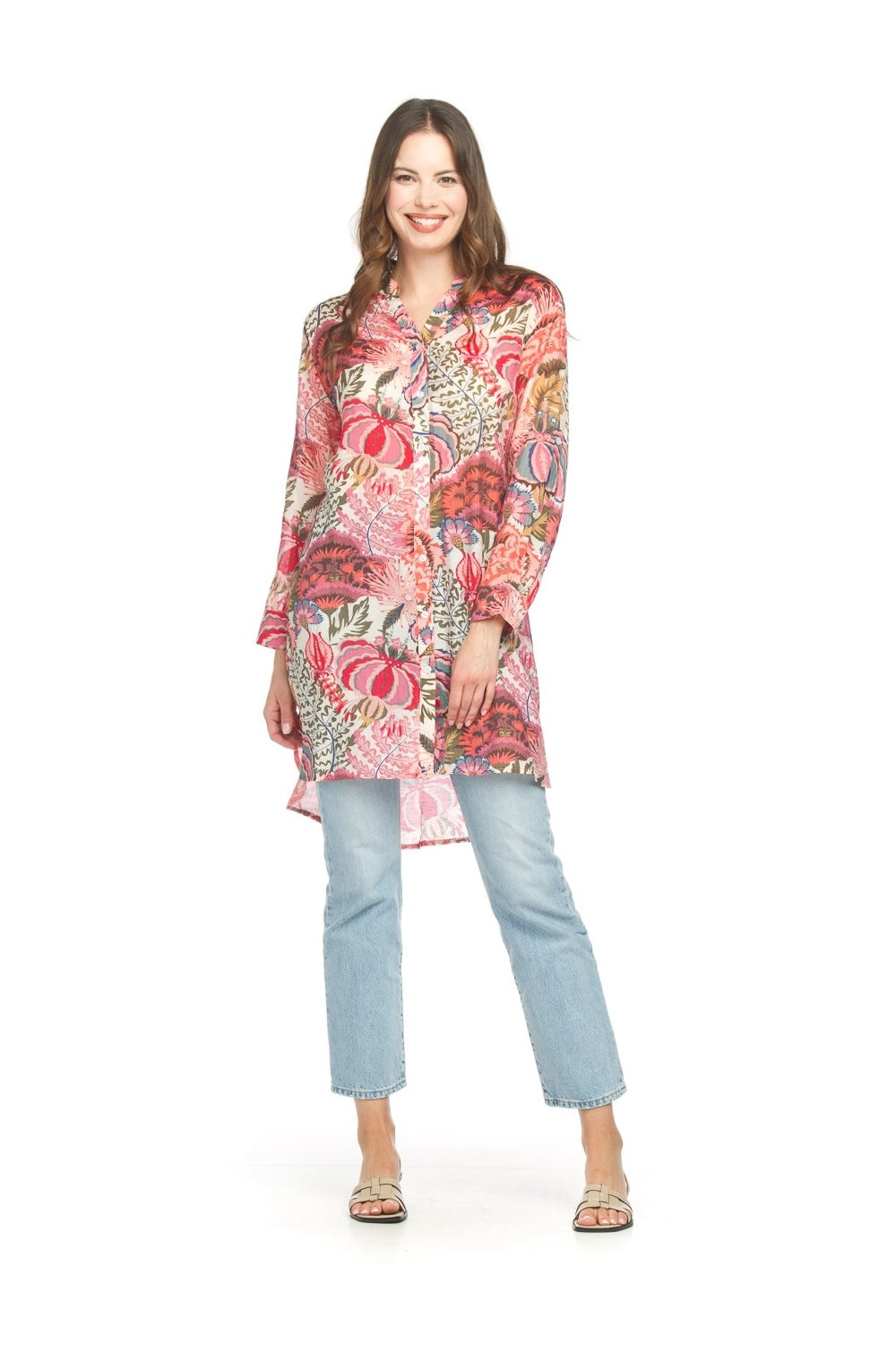 PT18126 PINK ditsey Floral Button Front tunic with Tab Sleeves