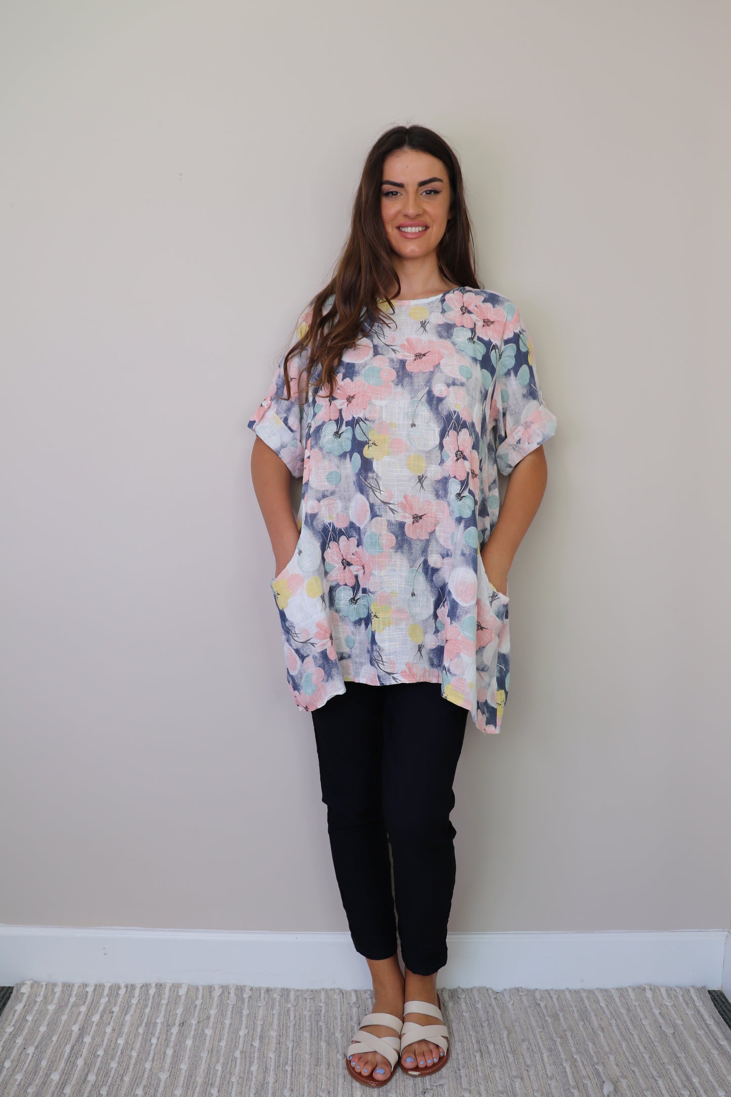 PT16002 WHITE Floral Cotton Tunic with Pockets