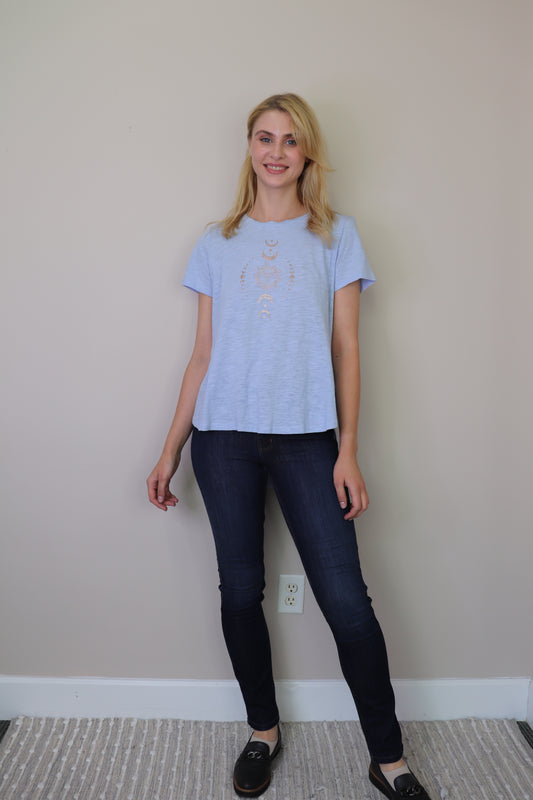 PT16007 BLUE Cotton Knit High Low T Shirt with Sun & Moon Signs