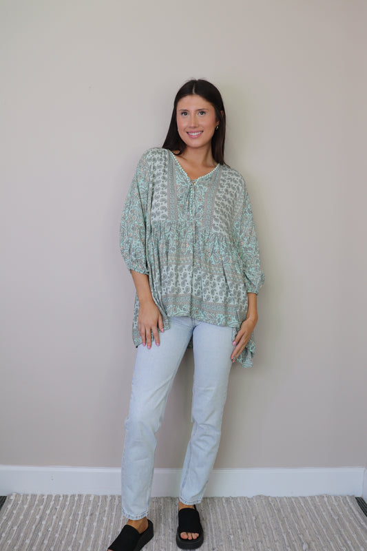 PT16010 MINT Paisley Floral Boho Oversized Blouse w Elast Cuff