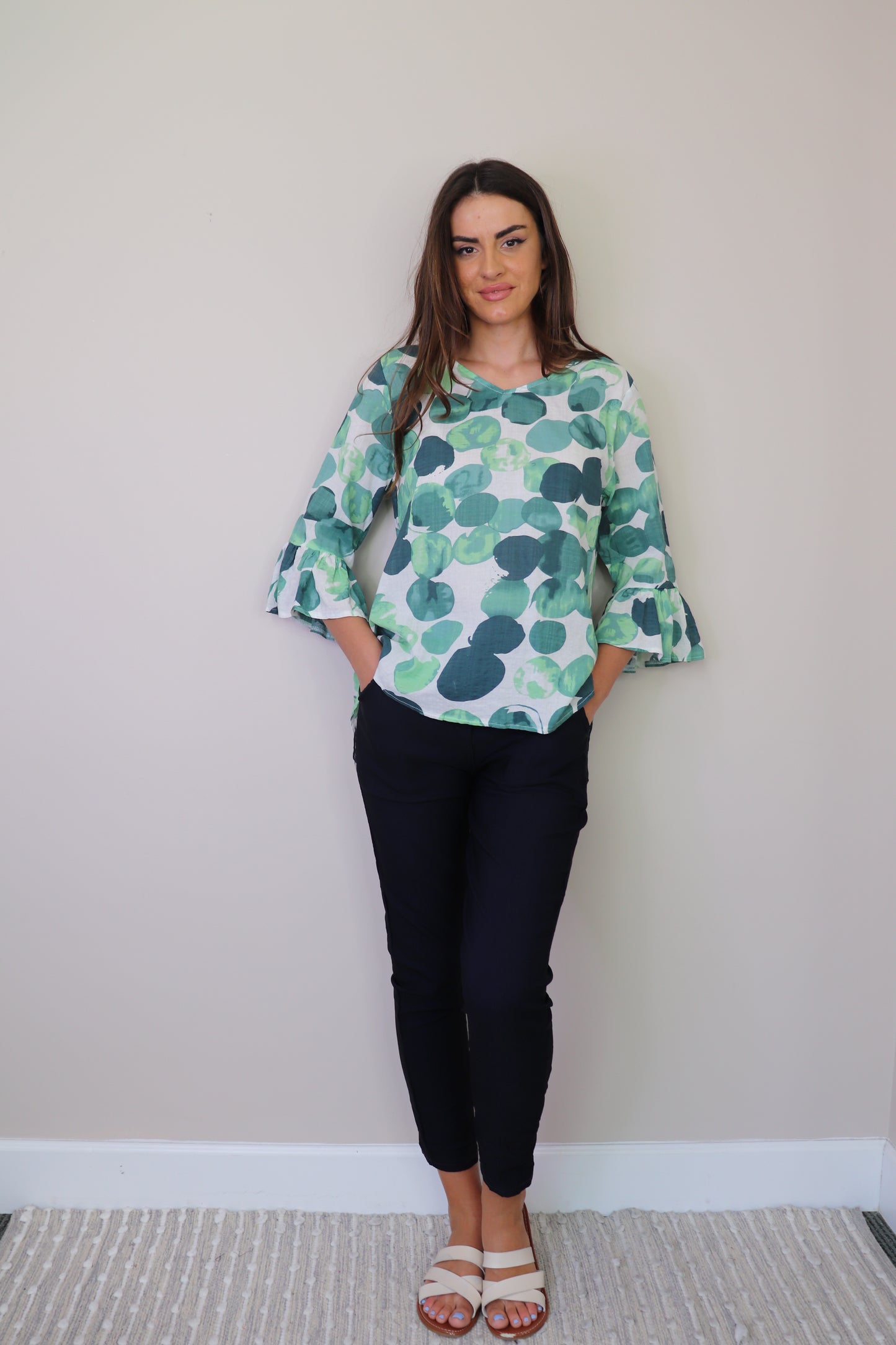 PT16020 GREEN Watercolor Polka Dot Blouse with Ruffle Sleeve