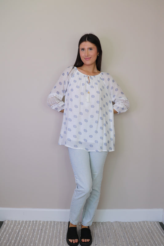 PT16023 WHITE Polka Dot Blouse with Lace Detail