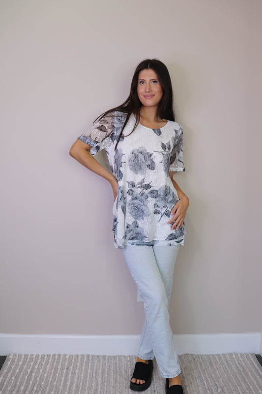 PT16029 GREY Floral Mesh Sequin Layered Short Sleeve Top