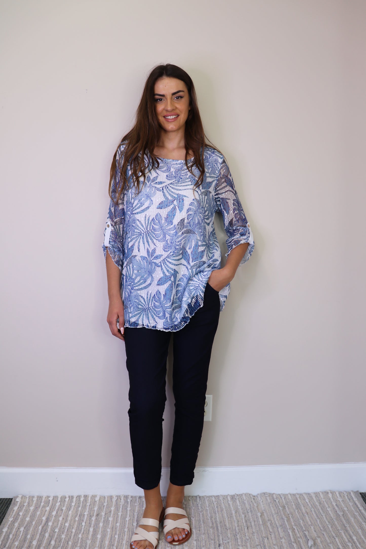 PT16030 BLUE Tropical Print Mesh Sequin Layered Blouse