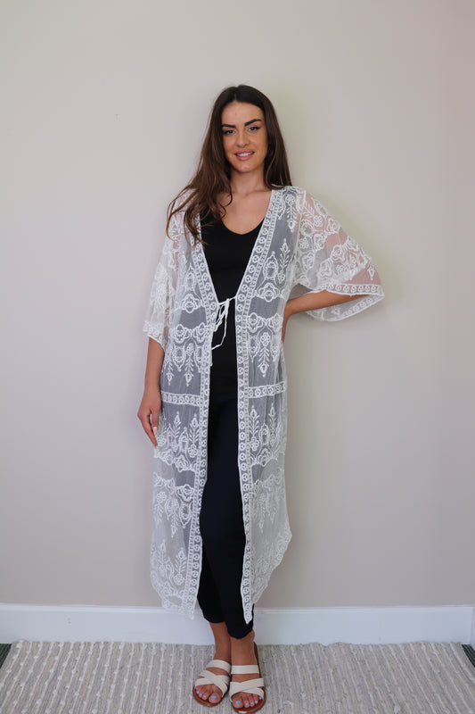 PT16032 WHITE Embroidered Floral Duster with Tie