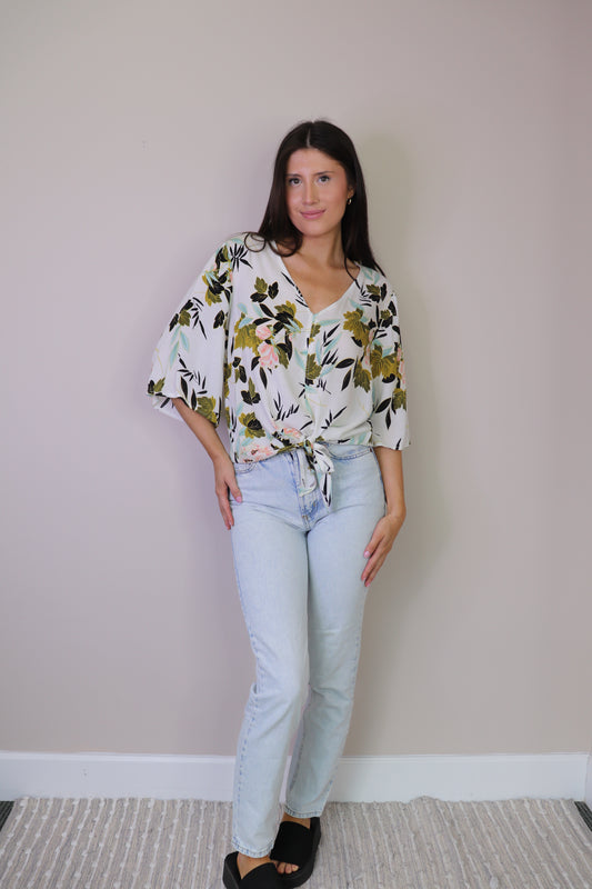 PT16047 WHITE Floral Tie Top