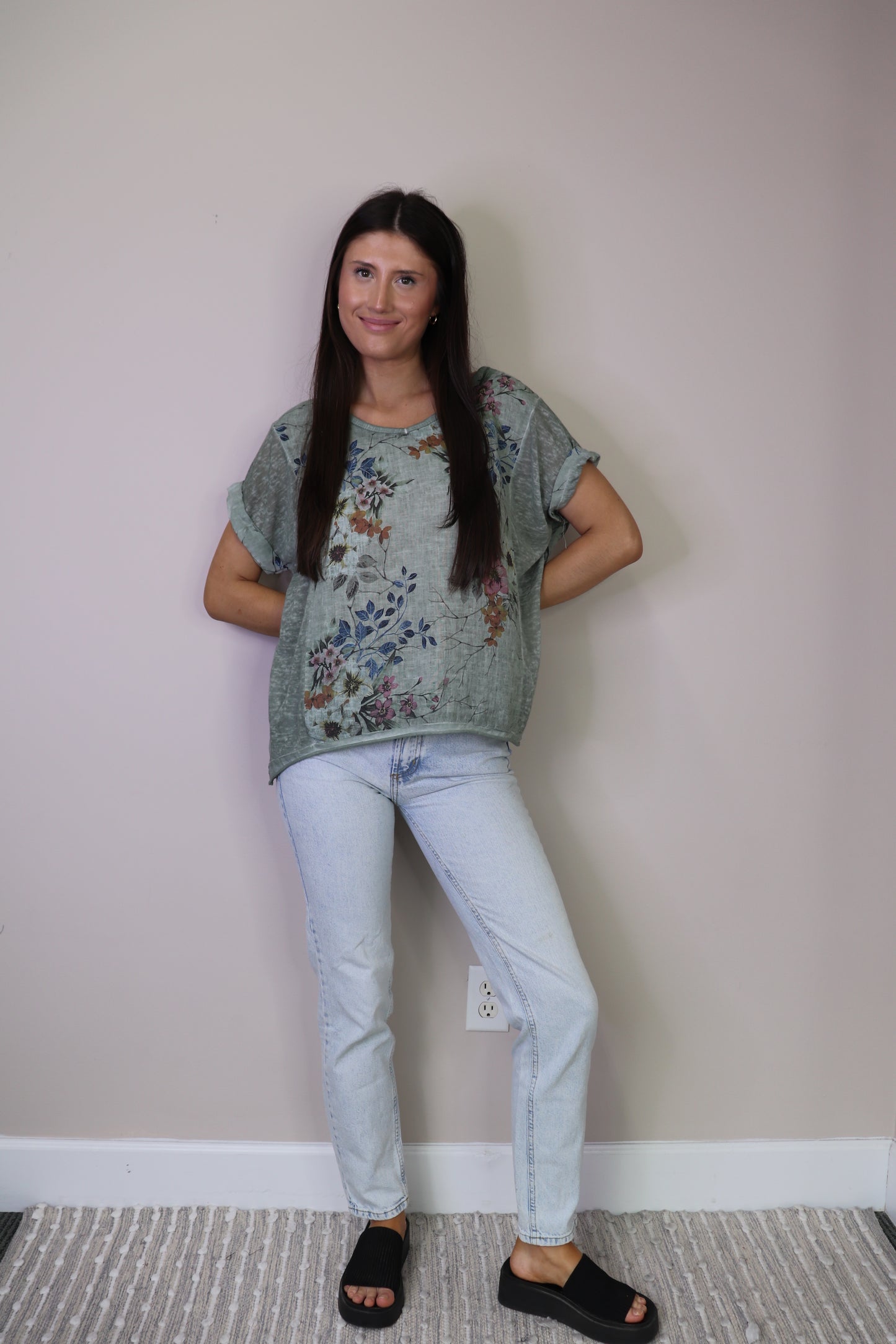 PT16066 GREEN Floral Cotton Blend Tshirt with Stretch Pantels