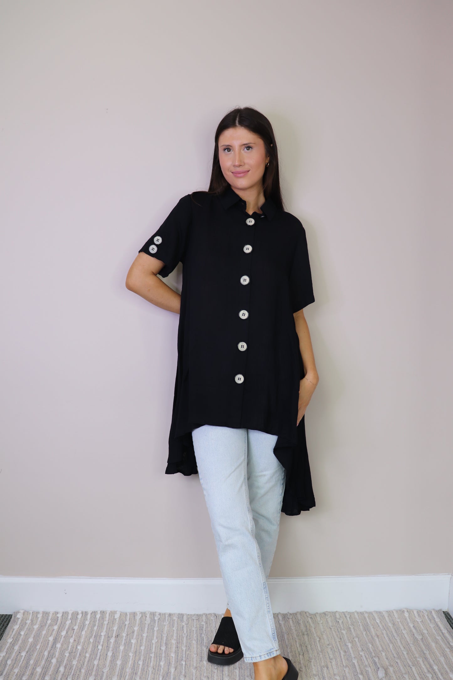 PT16073 BLACK Short Sleeve High Low Button Front Tunic