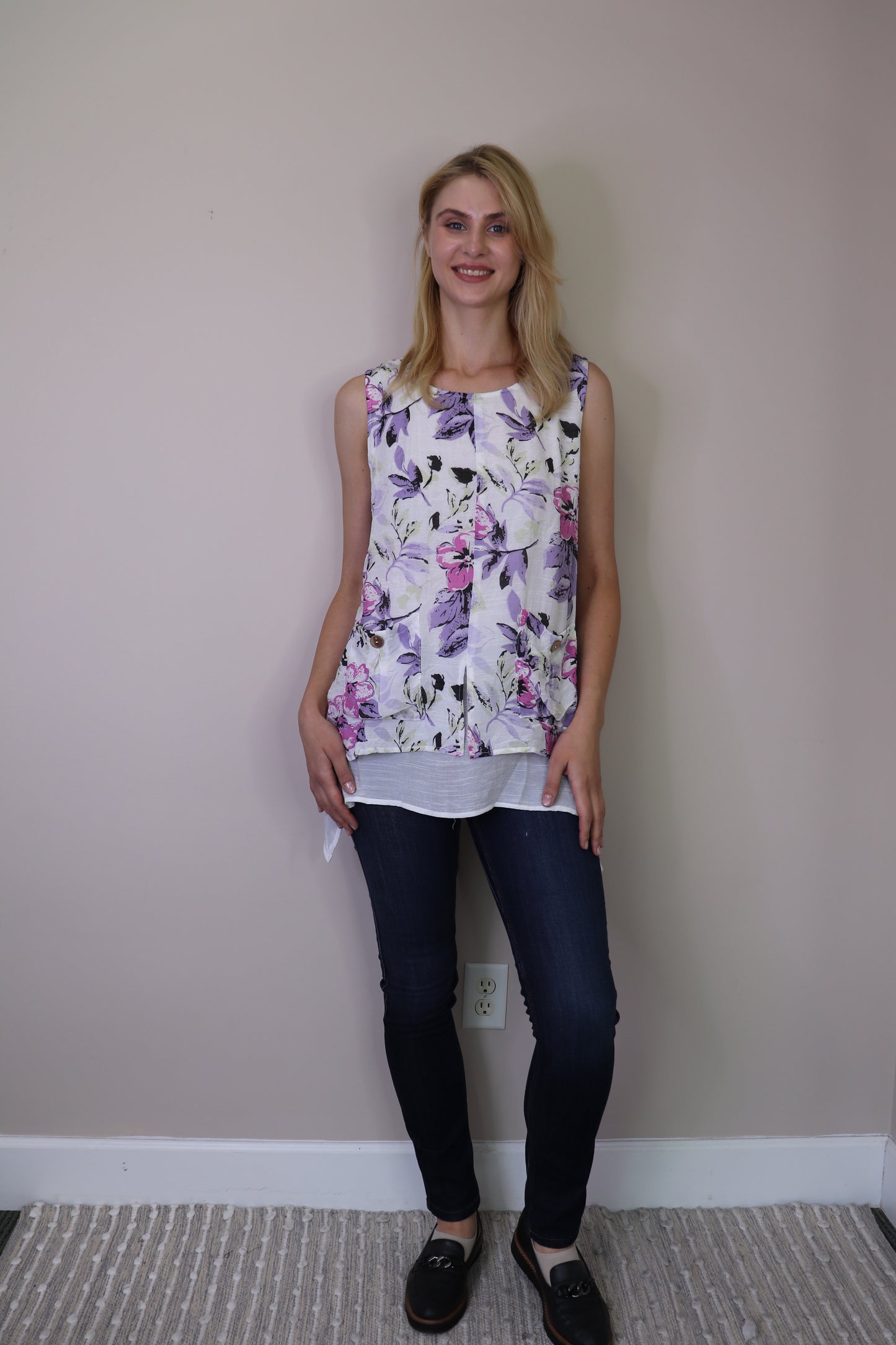 PT16084 WHITE Floral Layered Tunic